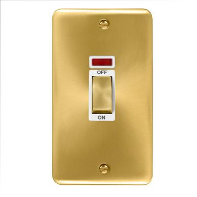 Curved Satin Brass 45A Ingot 2 Gang DP Switch With Neon - White Trim