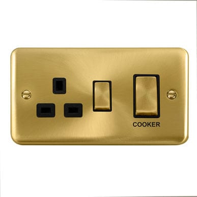 Curved Satin Brass 45A Ingot 2 Gang DP Cooker Switch With 13A DP Switched Plug Socket - Black Trim