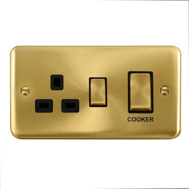 Curved Satin Brass 45A Ingot 2 Gang DP Cooker Switch With 13A DP Switched Plug Socket - Black Trim - SE Home