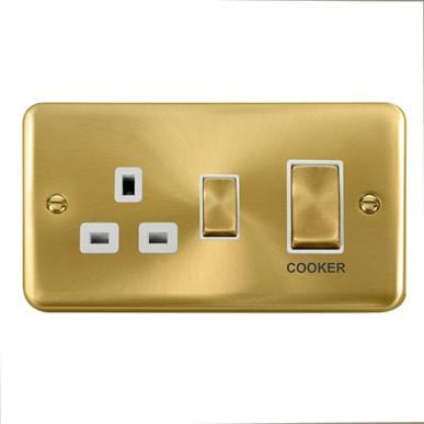 Curved Satin Brass 45A Ingot 2 Gang DP Switch With 13A DP Switched Plug Socket - White Trim