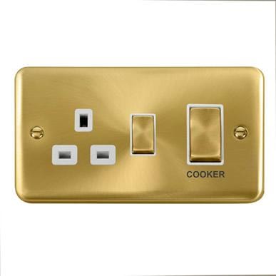 Curved Satin Brass 45A Ingot 2 Gang DP Switch With 13A DP Switched Plug Socket - White Trim - SE Home