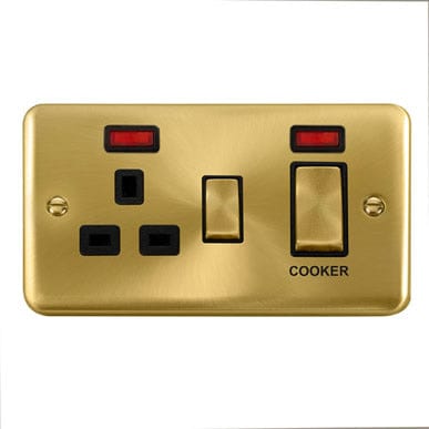 Curved Satin Brass 45A Ingot 2 Gang DP Cooker Switch With 13A DP Switched Plug Socket & Neons - Black Trim