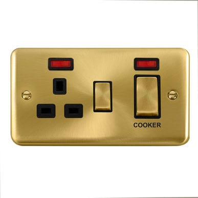 Curved Satin Brass 45A Ingot 2 Gang DP Cooker Switch With 13A DP Switched Plug Socket & Neons - Black Trim - SE Home