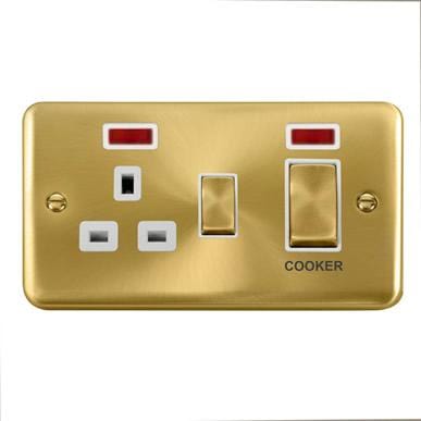 Curved Satin Brass 45A Ingot 2 Gang DP Switch With 13A DP Switched Plug Socket & Neons - White Trim