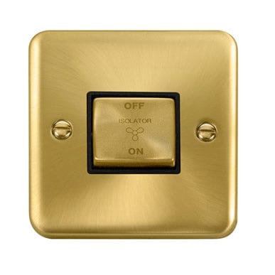 Curved Satin Brass 10A Ingot 3 Pole Fan Isolation Plate Switch - Black Trim - SE Home