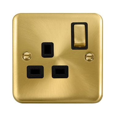 Curved Satin Brass 13A Ingot 1 Gang DP Switched Plug Socket - Black Trim - SE Home
