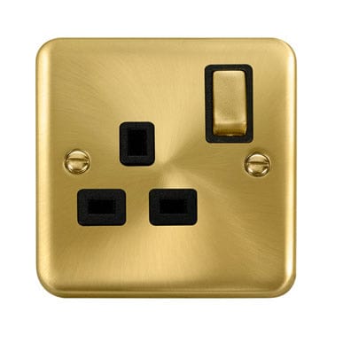 Curved Satin Brass 13A Ingot 1 Gang DP Switched Plug Socket - Black Trim