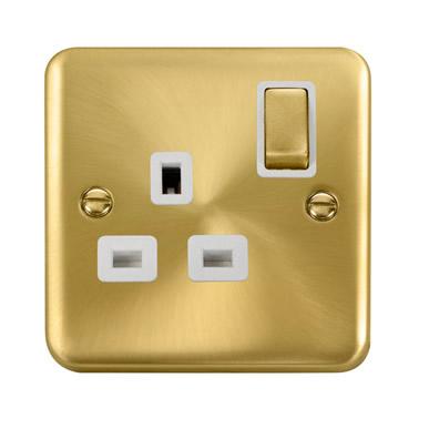 Curved Satin Brass 13A Ingot 1 Gang DP Switched Plug Socket - White Trim