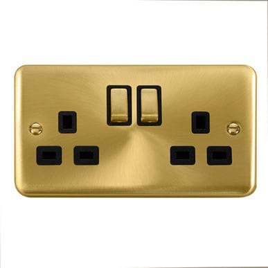 Curved Satin Brass 13A Ingot 2 Gang DP Switched Plug Socket - Black Trim