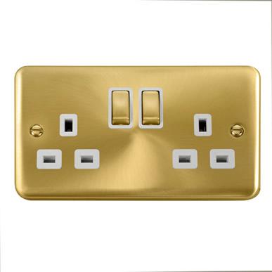 Curved Satin Brass 13A Ingot 2 Gang DP Switched Plug Socket - White Trim