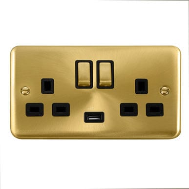 Curved Satin Brass 13A Ingot 2 Gang Switched Plug Socket With 2.1A USB Outlet (Twin Earth) - Black Trim