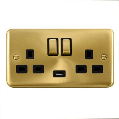 Curved Satin Brass 13A Ingot 2 Gang Switched Plug Socket With 2.1A USB Outlet (Twin Earth) - Black Trim - SE Home