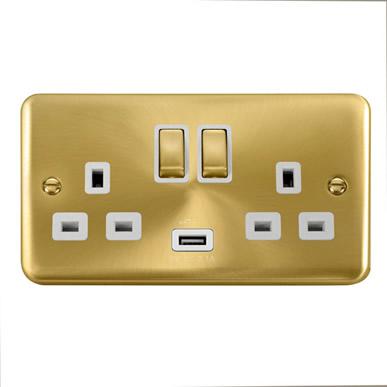 Curved Satin Brass 13A Ingot 2 Gang Switched Plug Socket With 2.1A USB Outlet (Twin Earth) - White Trim