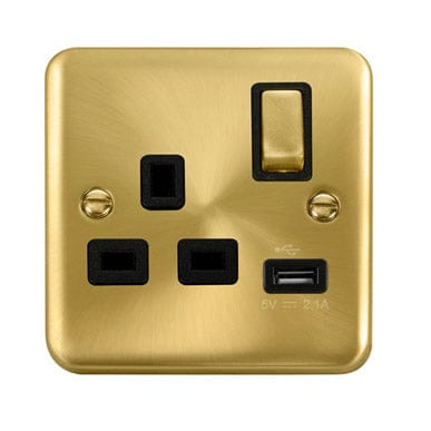 Curved Satin Brass 13A Ingot 1 Gang Switched Plug Socket With 2.1A USB Outlet - Black Trim