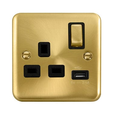 Curved Satin Brass 13A Ingot 1 Gang Switched Plug Socket With 2.1A USB Outlet - Black Trim - SE Home