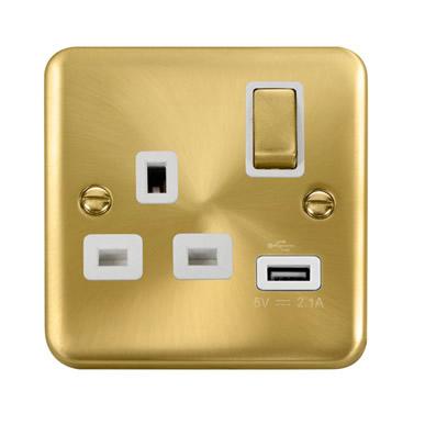 Curved Satin Brass 13A Ingot 1 Gang Switched Plug Socket With 2.1A USB Outlet - White Trim