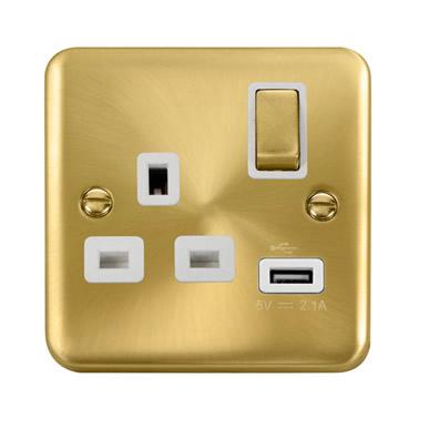 Curved Satin Brass 13A Ingot 1 Gang Switched Plug Socket With 2.1A USB Outlet - White Trim - SE Home