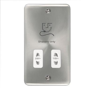 Curved Satin Chrome 115/230V Dual Voltage Shaver Socket - White Trim