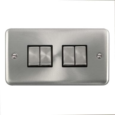 Curved Satin Chrome 10AX Ingot 4 Gang 2 Way Plate Switch - Black Trim