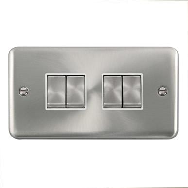 Curved Satin Chrome 10AX Ingot 4 Gang 2 Way Plate Switch - White Trim