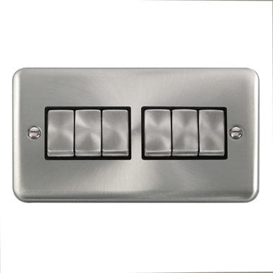 Curved Satin Chrome 10AX Ingot 6 Gang 2 Way Plate Switch - Black Trim