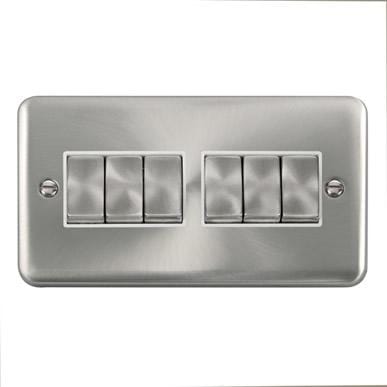 Curved Satin Chrome 10AX Ingot 6 Gang 2 Way Plate Switch - White Trim