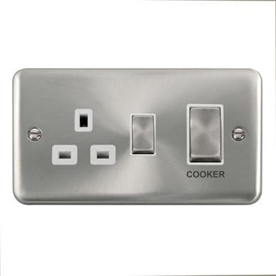 Curved Satin Chrome 45A Ingot 2 Gang DP Switch With 13A DP Switched Socket - White Trim
