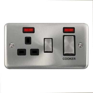 Curved Satin Chrome 45A Ingot 2 Gang DP Switch With 13A DP Switched Socket & Neons - Black Trim