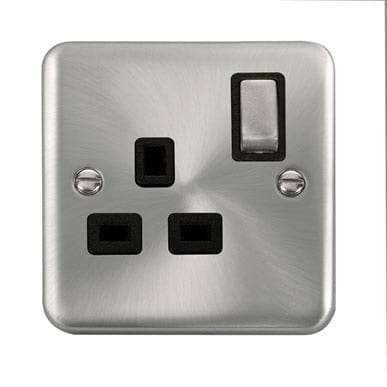 Curved Satin Chrome 13A Ingot 1 Gang DP Switched Socket - Black Trim