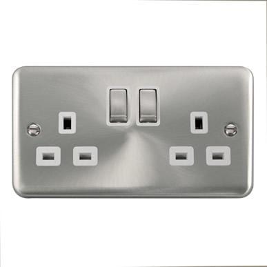 Curved Satin Chrome 13A Ingot 2 Gang DP Switched Socket - White Trim