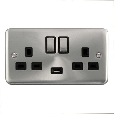 Curved Satin Chrome 13A Ingot 2 Gang Switched Sockets With 2.1A USB Outlet (Twin Earth) - Black Trim