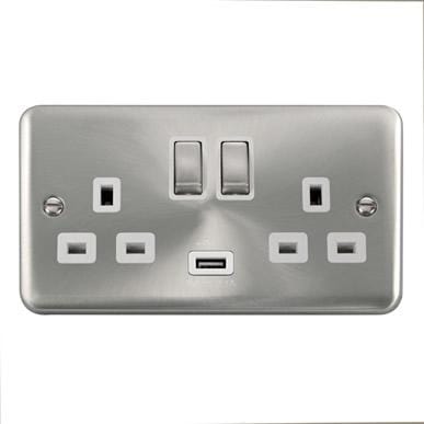 Curved Satin Chrome 13A Ingot 2 Gang Switched Sockets With 2.1A USB Outlet (Twin Earth) - White Trim