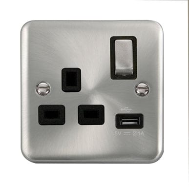 Curved Satin Chrome 13A Ingot 1 Gang Switched Socket With 2.1A USB Outlet - Black Trim