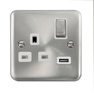 Curved Satin Chrome 13A Ingot 1 Gang Switched Socket With 2.1A USB Outlet - White Trim