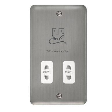 Curved Stainless Steel 115/230V Dual Voltage Shaver Socket - White Trim