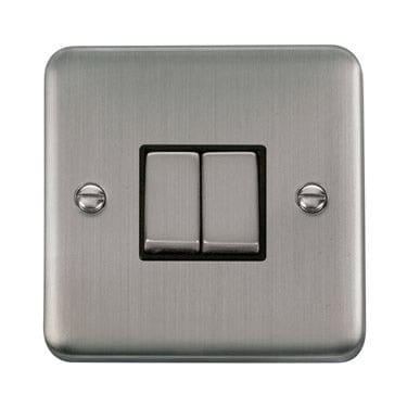 Curved Stainless Steel 10AX Ingot 2 Gang 2 Way Plate Switch - Black Trim - SE Home