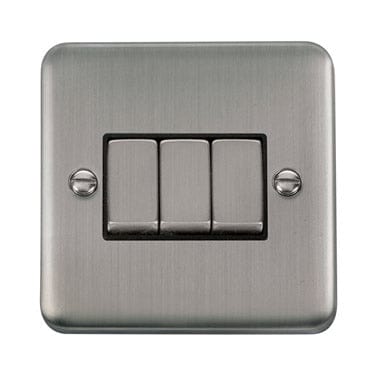 Curved Stainless Steel 10AX Ingot 3 Gang 2 Way Plate Switch - Black Trim - SE Home