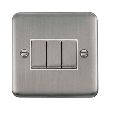 Curved Stainless Steel 10AX Ingot 3 Gang 2 Way Plate Switch - White Trim - SE Home