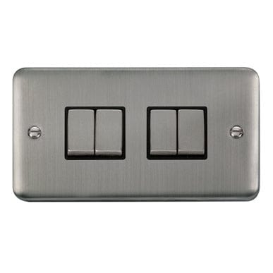 Curved Stainless Steel 10AX Ingot 4 Gang 2 Way Plate Switch - Black Trim