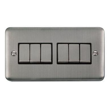 Curved Stainless Steel 10AX Ingot 6 Gang 2 Way Plate Switch - Black Trim - SE Home