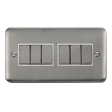 Curved Stainless Steel 10AX Ingot 6 Gang 2 Way Plate Switch - White Trim - SE Home