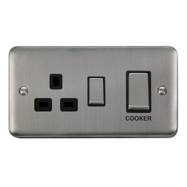 Curved Stainless Steel 45A Ingot 2 Gang DP Switch With 13A DP Switched Socket - Black Trim
