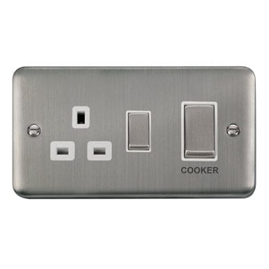 Curved Stainless Steel 45A Ingot 2 Gang DP Switch With 13A DP Switched Socket - White Trim - SE Home