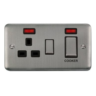 Curved Stainless Steel 45A Ingot 2 Gang DP Switch With 13A DP Switched Socket & Neons - Black Trim