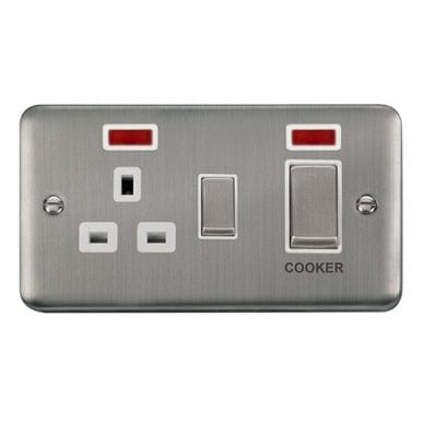 Curved Stainless Steel 45A Ingot 2 Gang DP Switch With 13A DP Switched Socket & Neons - White Trim