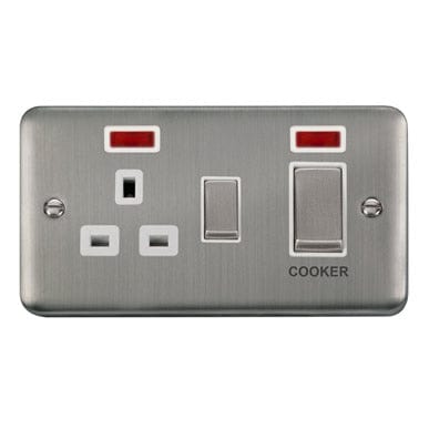 Curved Stainless Steel 45A Ingot 2 Gang DP Switch With 13A DP Switched Socket & Neons - White Trim - SE Home