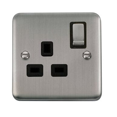 Curved Stainless Steel 13A Ingot 1 Gang DP Switched Socket - Black Trim