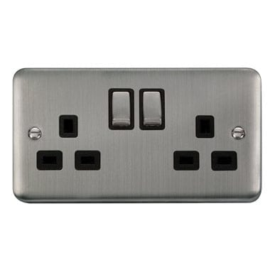 Curved Stainless Steel 13A Ingot 2 Gang DP Switched Socket - Black Trim - SE Home