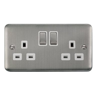 Curved Stainless Steel 13A Ingot 2 Gang DP Switched Socket - White Trim