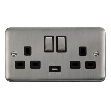 Curved Stainless Steel 13A Ingot 2 Gang Switched Sockets With 2.1A USB Outlet (Twin Earth) - Black Trim